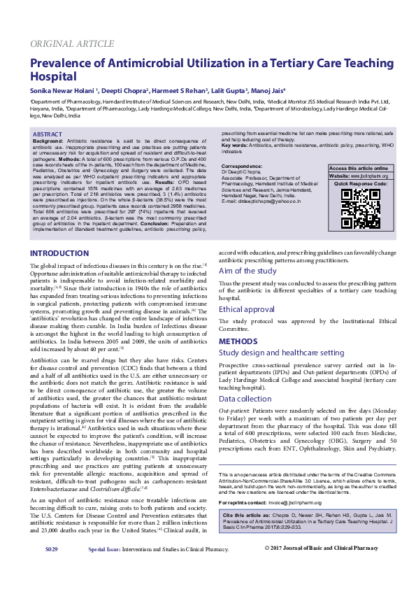 (PDF) Prevalence of Antimicrobial Utilization in a Tertiary Care ...