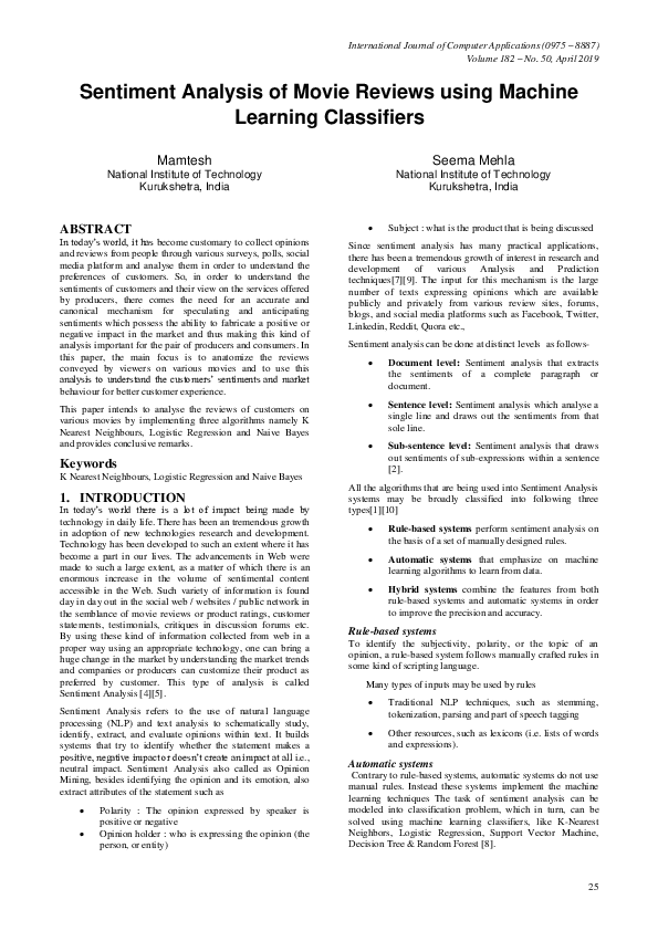 (PDF) Sentiment Analysis of Movie Reviews using Machine Learning ...