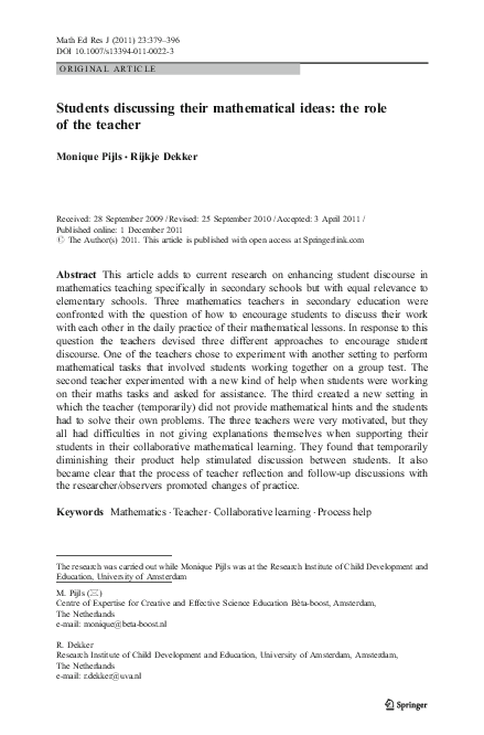(PDF) Students discussing their mathematical ideas: the role of the teacher