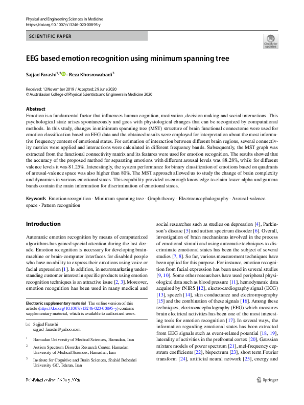 (PDF) EEG based emotion recognition using minimum spanning tree