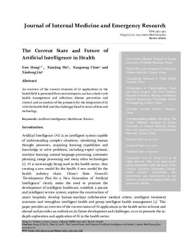 (PDF) The Current State and Future of Artificial Intelligence in Health
