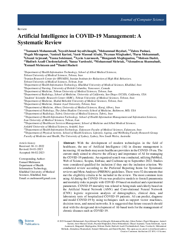 (PDF) Artificial Intelligence in COVID-19 Management: A Systematic Review