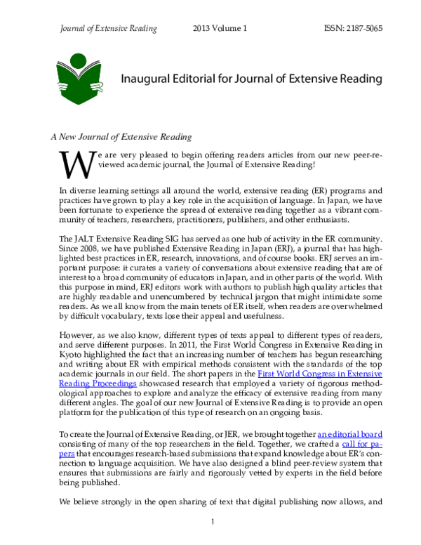 (PDF) Inaugural Editorial for Journal of Extensive Reading