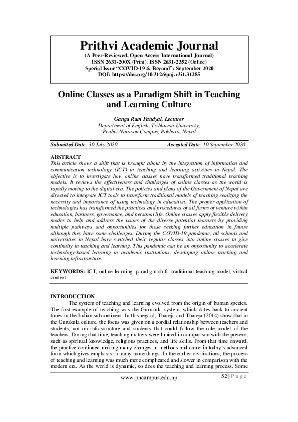 (PDF) Online Classes as a Paradigm Shift in Teaching and Learning Culture