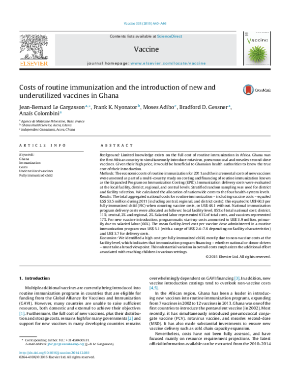 (PDF) Costs of routine immunization and the introduction of new and ...