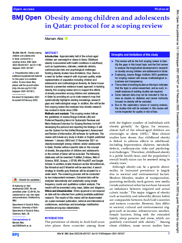 (PDF) Obesity among children and adolescents in Qatar: protocol for a ...