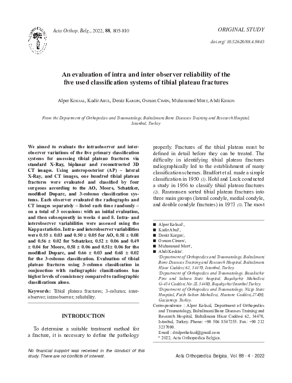 (PDF) An evaluation of intra and inter observer reliability of the five ...