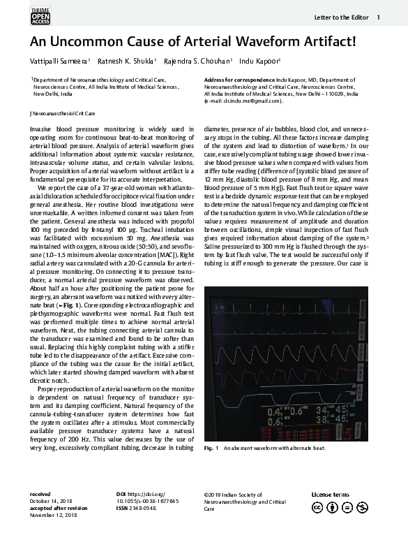 (PDF) An Uncommon Cause of Arterial Waveform Artifact!
