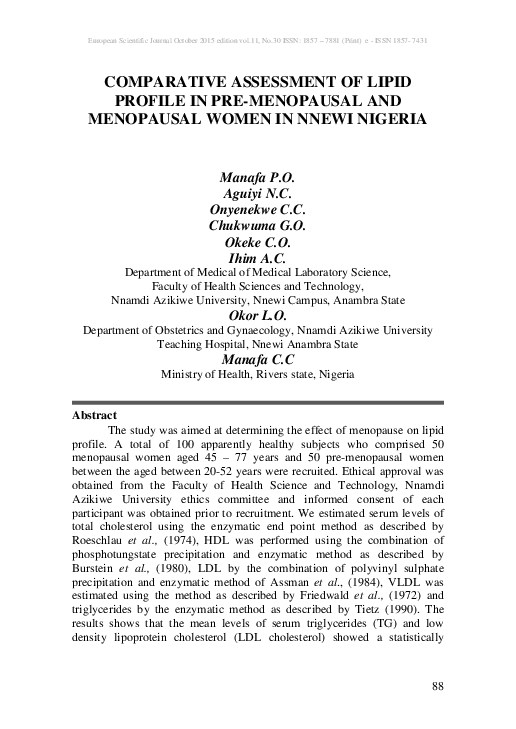(PDF) Comparative Assessment of Lipid Profile in Pre-Menopausal and ...