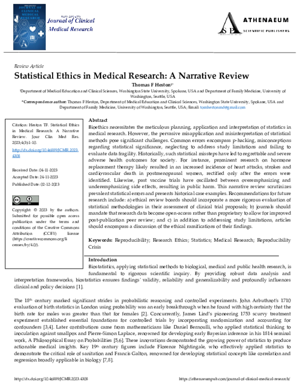 (PDF) Statistical Ethics in Medical Research: A Narrative Review