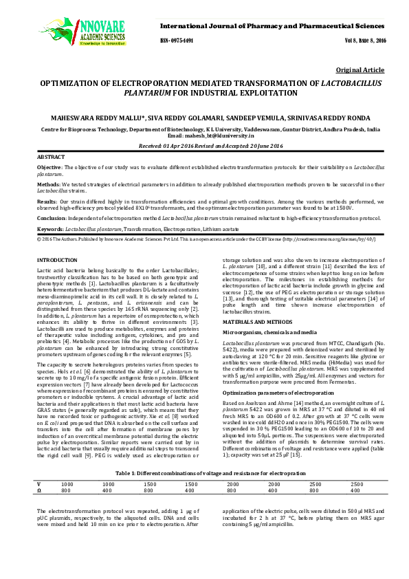 (PDF) OPTIMIZATION OF ELECTROPORATION MEDIATED TRANSFORMATION OF ...