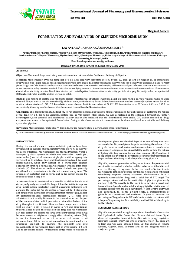 (PDF) FORMULATION AND EVALUATION OF GLIPIZIDE MICROEMULSION Original ...