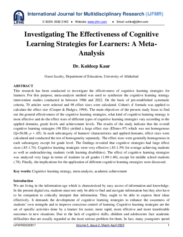 (PDF) Investigating the Effectiveness of Cognitive Learning Strategies ...