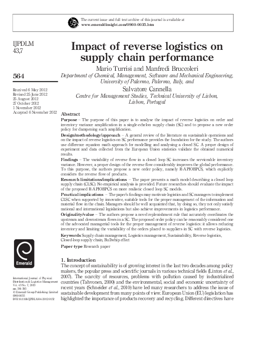 (PDF) Impact of reverse logistics on supply chain performance
