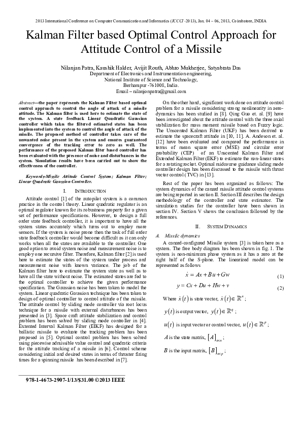(PDF) Kalman filter based optimal control approach for attitude control ...