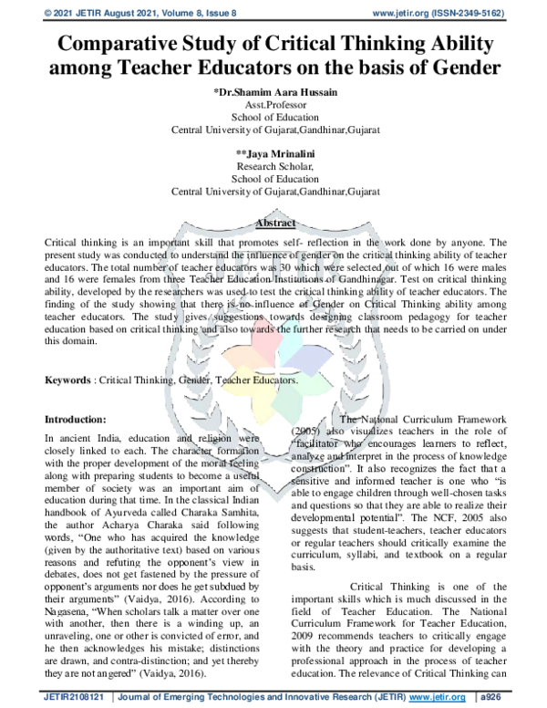 (PDF) Comparative Study of Critical Thinking Ability among Teacher ...