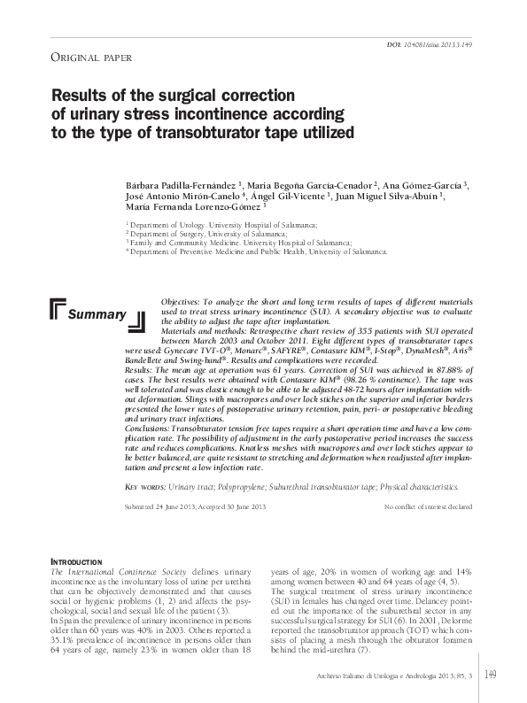 (PDF) Results of the surgical correction of urinary stress incontinence ...