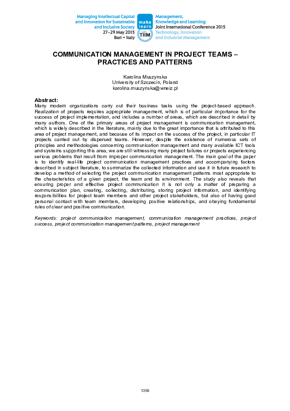 (PDF) Communication Management in Project Teams: Practices and Patterns