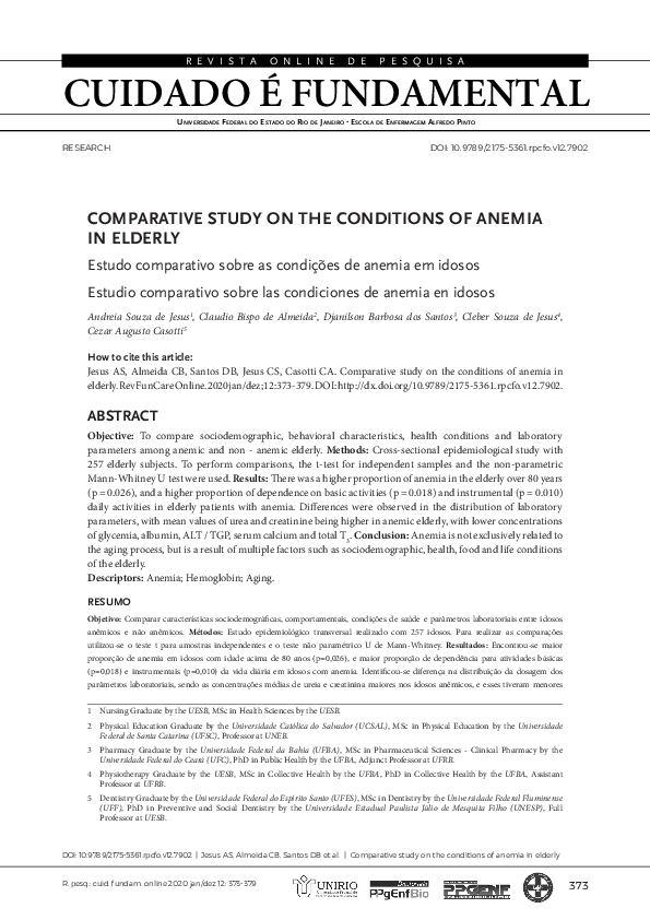 (PDF) Comparative study on the conditions of anemia in elderly