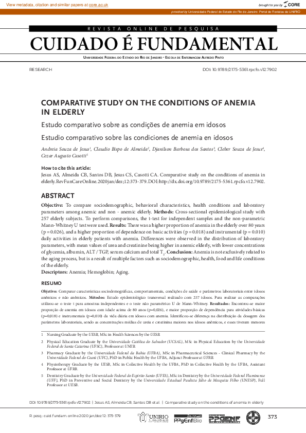 (PDF) Comparative study on the conditions of anemia in elderly / Estudo ...