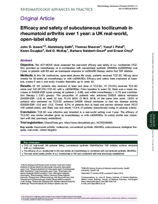 (PDF) Efficacy and safety of subcutaneous tocilizumab in rheumatoid ...