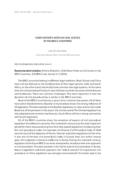 (PDF) Chief Editor’s Note on Civil Justice in the Brics Countries