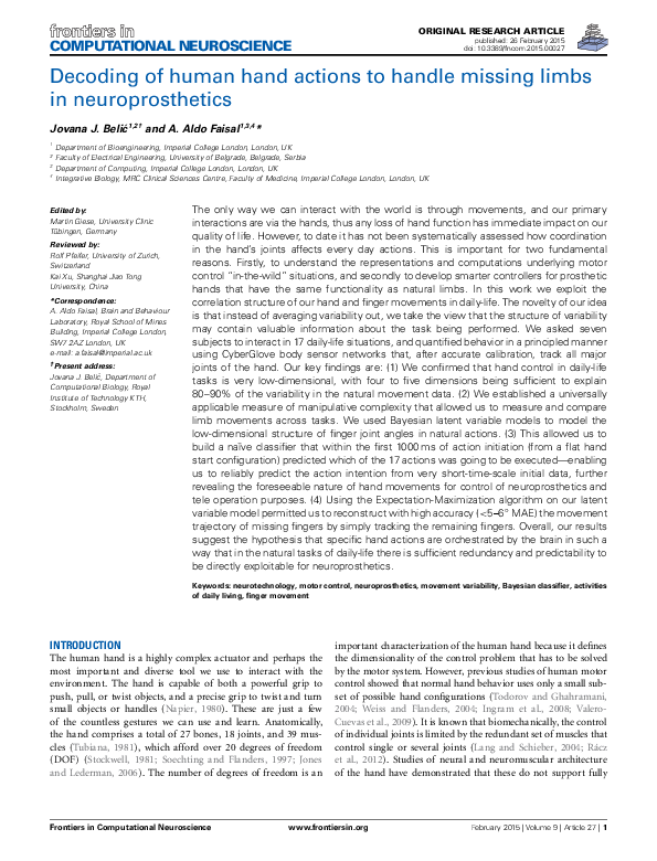 (PDF) Decoding of human hand actions to handle missing limbs in ...