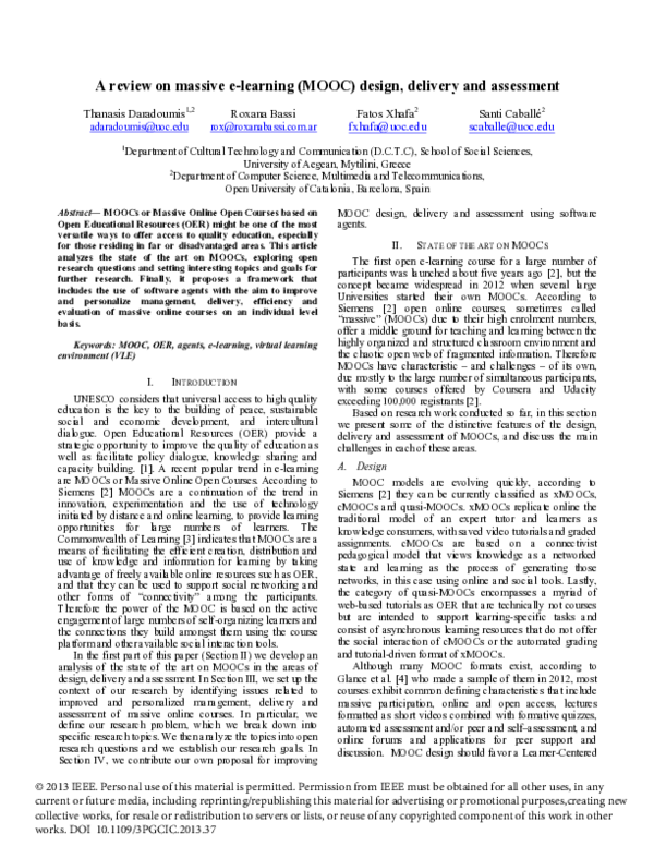 (PDF) A Review on Massive E-Learning (MOOC) Design, Delivery and Assessment