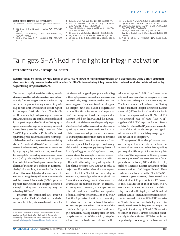 (PDF) Talin gets SHANKed in the fight for integrin activation ...