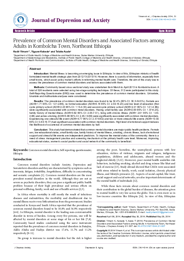 (PDF) Prevalence of Common Mental Disorders and Associated Factors ...