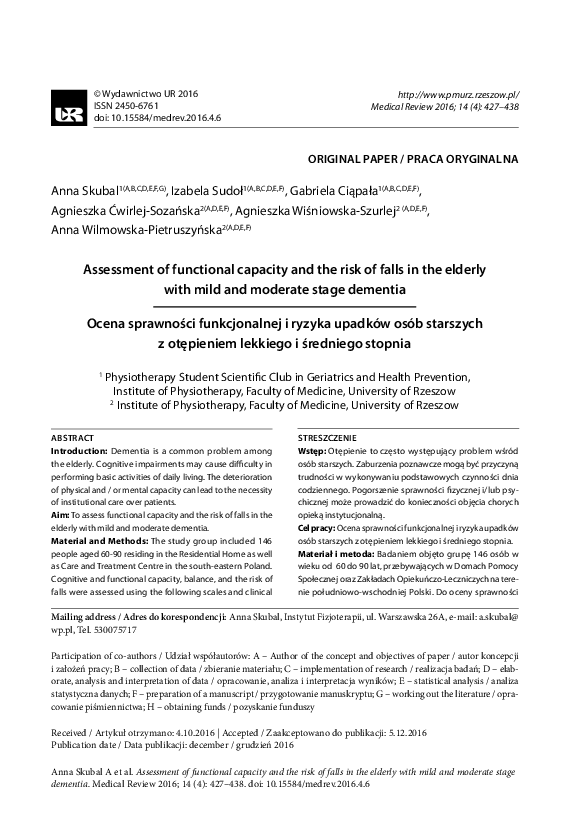 (PDF) Assessment of functional capacity and the risk of falls in the ...
