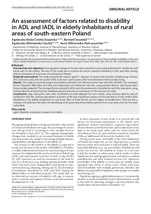 (PDF) An assessment of factors related to disability in ADL and IADL in ...