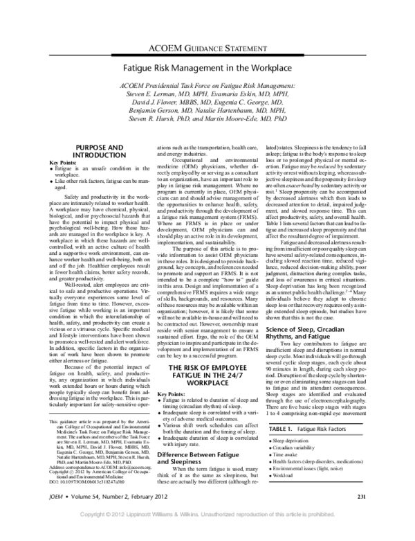 (PDF) Fatigue Risk Management in the Workplace ACOEM Presidential Task ...