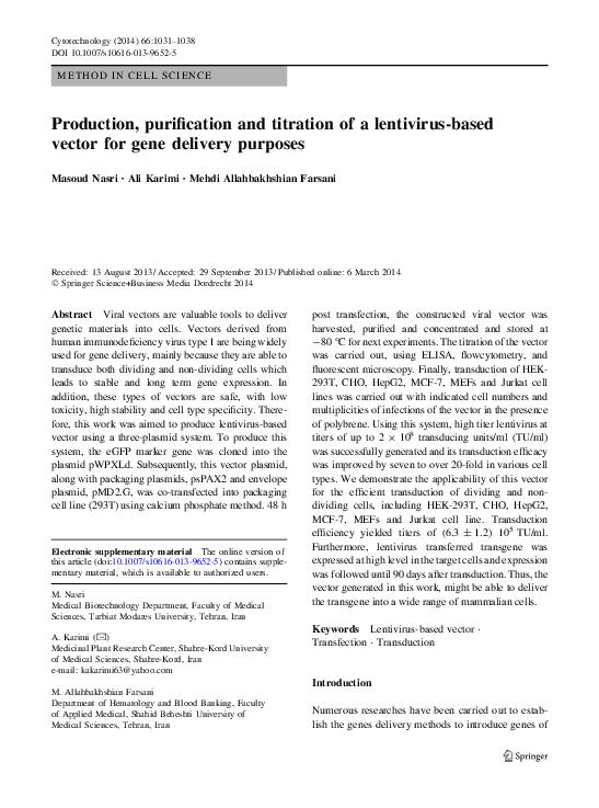 (PDF) Production, purification and titration of a lentivirus-based ...