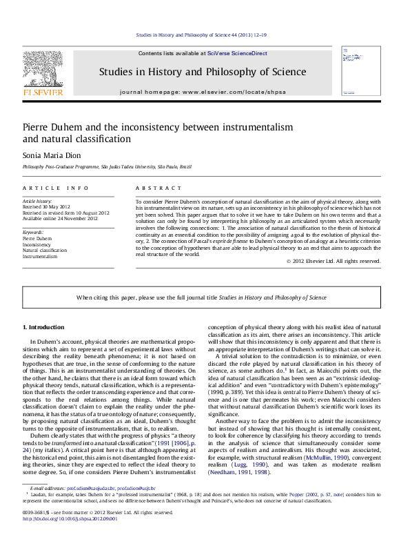(PDF) Pierre Duhem and the inconsistency between instrumentalism and ...