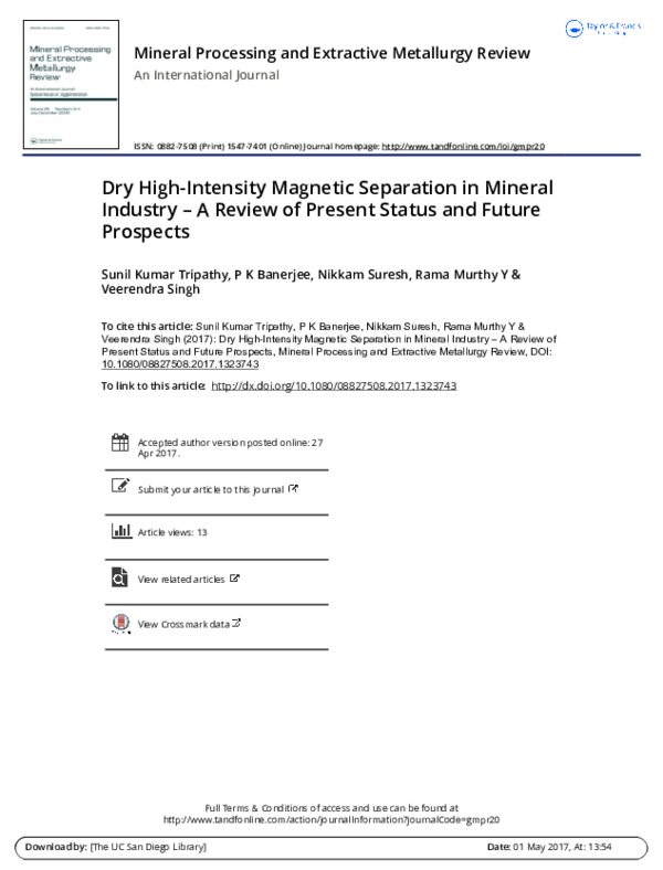 (PDF) Dry High-Intensity Magnetic Separation In Mineral Industry—A ...