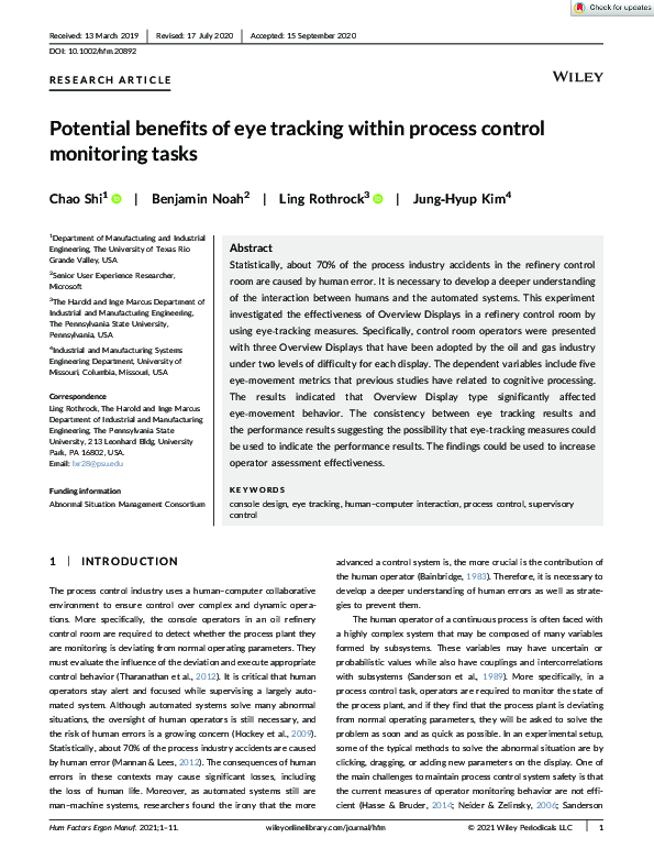 (PDF) Potential benefits of eye tracking within process control ...