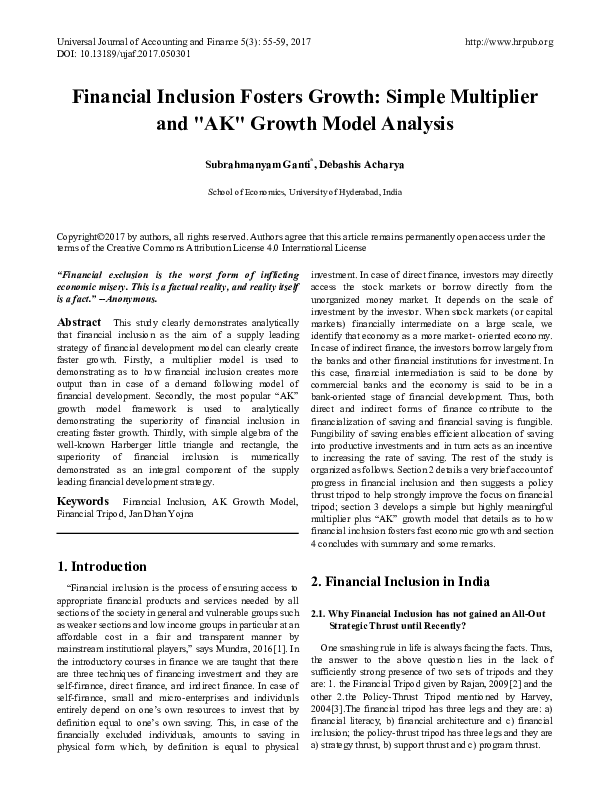 (PDF) Financial Inclusion Fosters Growth: Simple Multiplier and 
