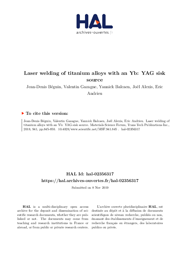 (PDF) Laser Welding of Titanium Alloys with an Yb: YAG Disk Source