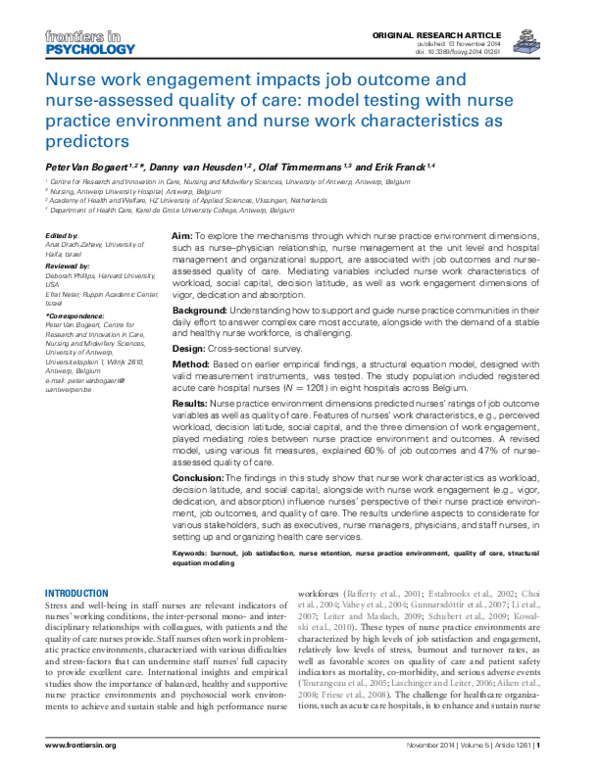 (PDF) Nurse work engagement impacts job outcome and nurse-assessed ...