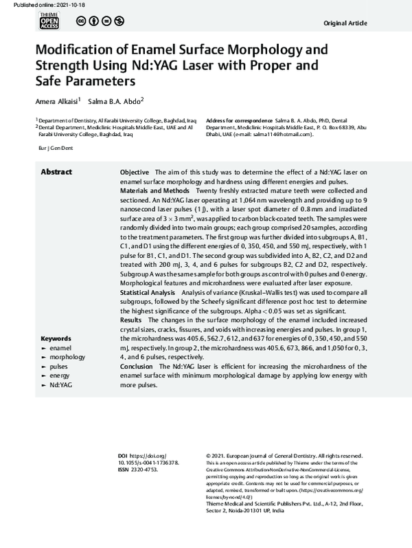 (PDF) Modification of Enamel Surface Morphology and Strength Using Nd ...