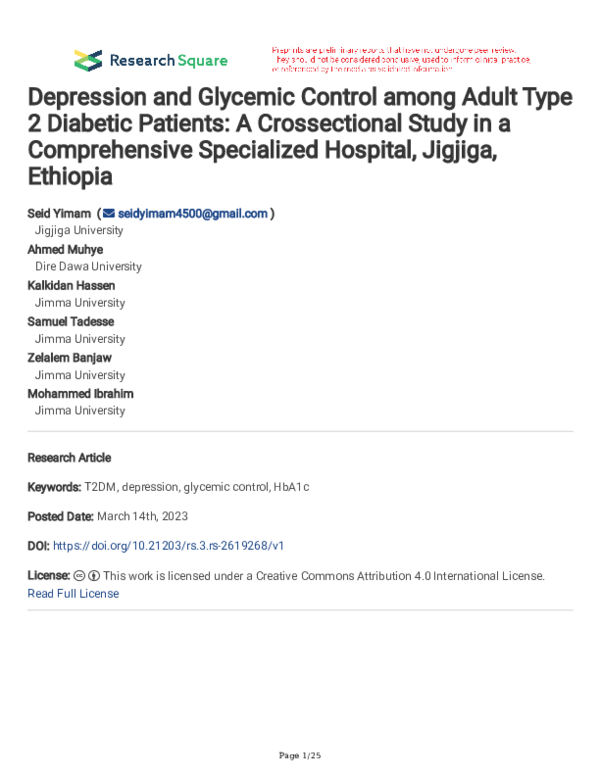 (PDF) Depression and Glycemic Control among Adult Type 2 Diabetic ...