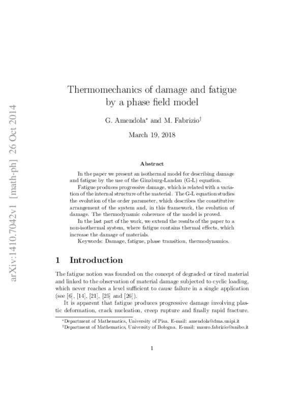 (PDF) Thermomechanics of damage and fatigue by a phase field model