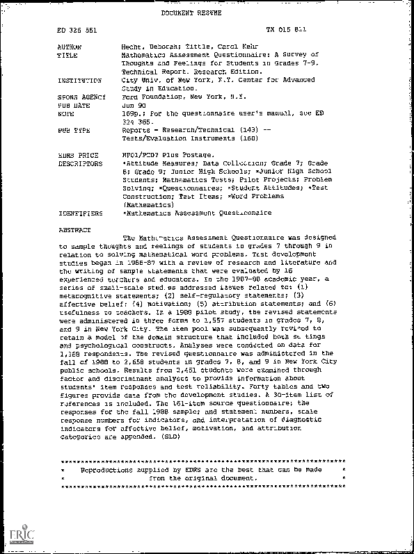 (PDF) Mathematics Assessment Questionnaire: A Survey of Thoughts and ...