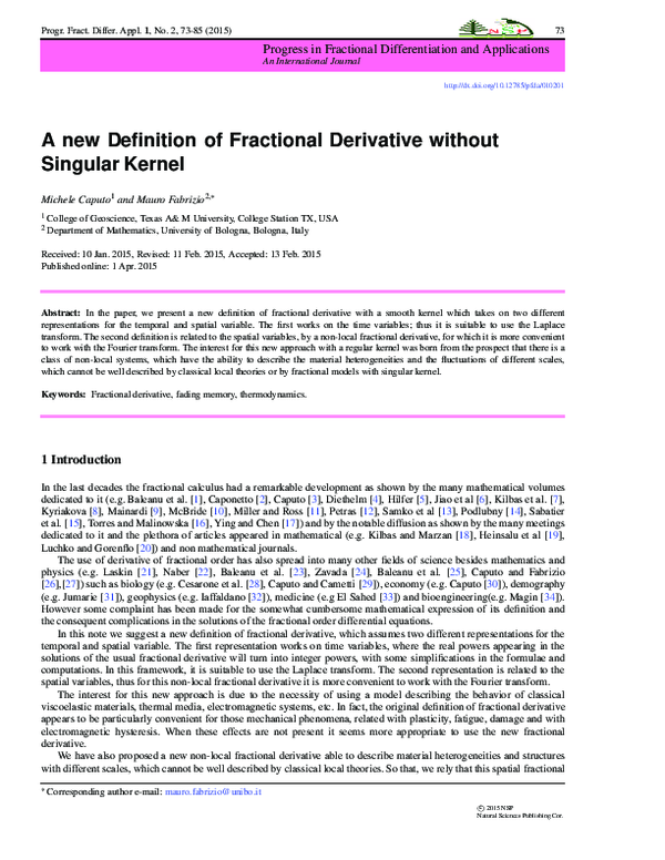 (PDF) A new Definition of Fractional Derivative without Singular Kernel