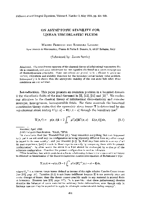 (PDF) On asymptotic stability for linear viscoelastic fluids