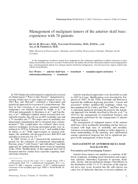 (PDF) Management of Malignant Tumors of the Anterior Skull Base and ...