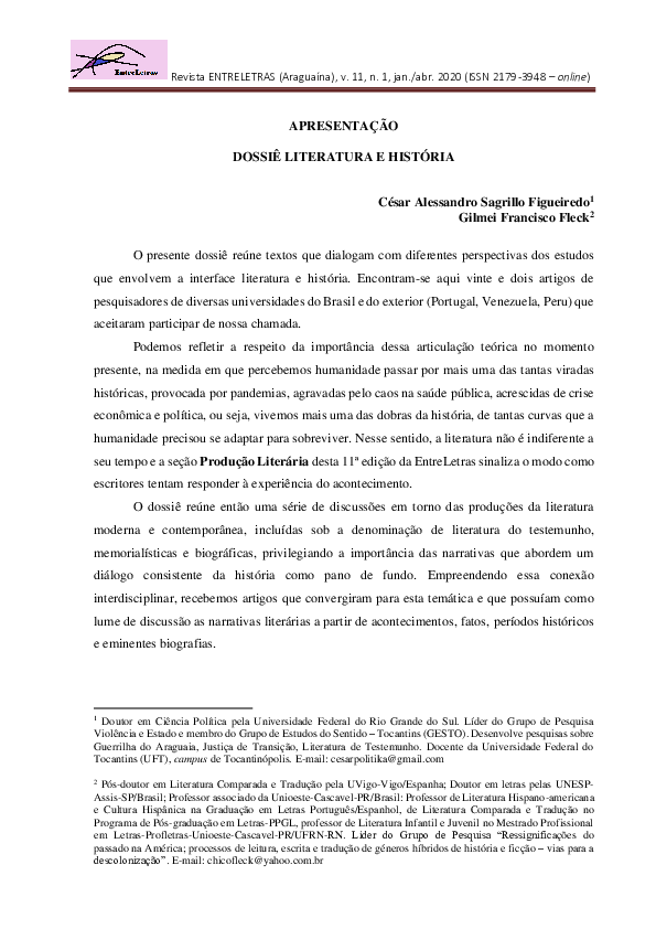 (PDF) Apresentação: Dossiê Literatura e História | Cesar Figueiredo ...