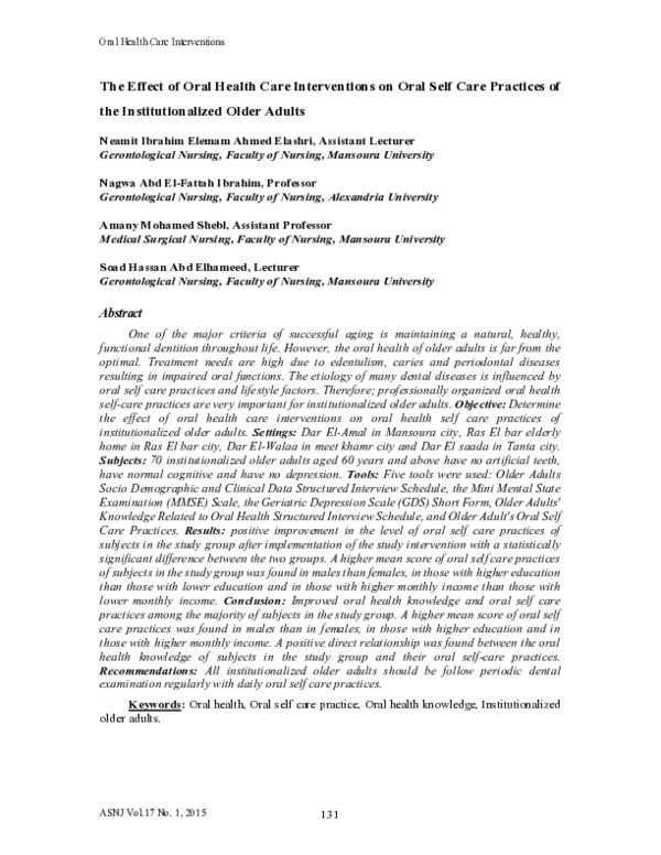(PDF) The Effect of Oral Health Care Interventions on Oral Self Care ...
