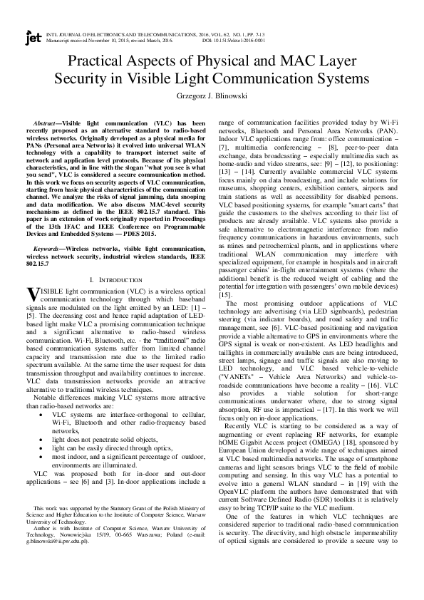 (PDF) Practical Aspects of Physical and MAC Layer Security in Visible ...
